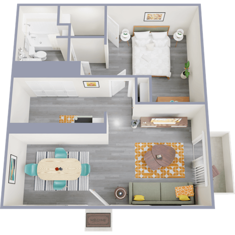 a 3d rendering of our 1 bedroom apartment at princeton court apartments in dallas